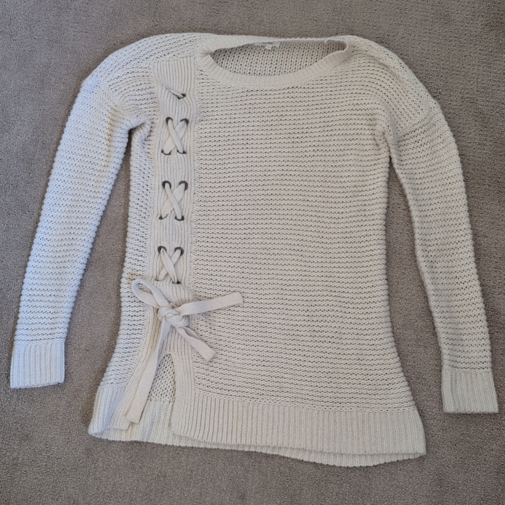 Maurices Knit Lace Up Beige Long Sleeve Fitted Crewneck Ribbed Sweater